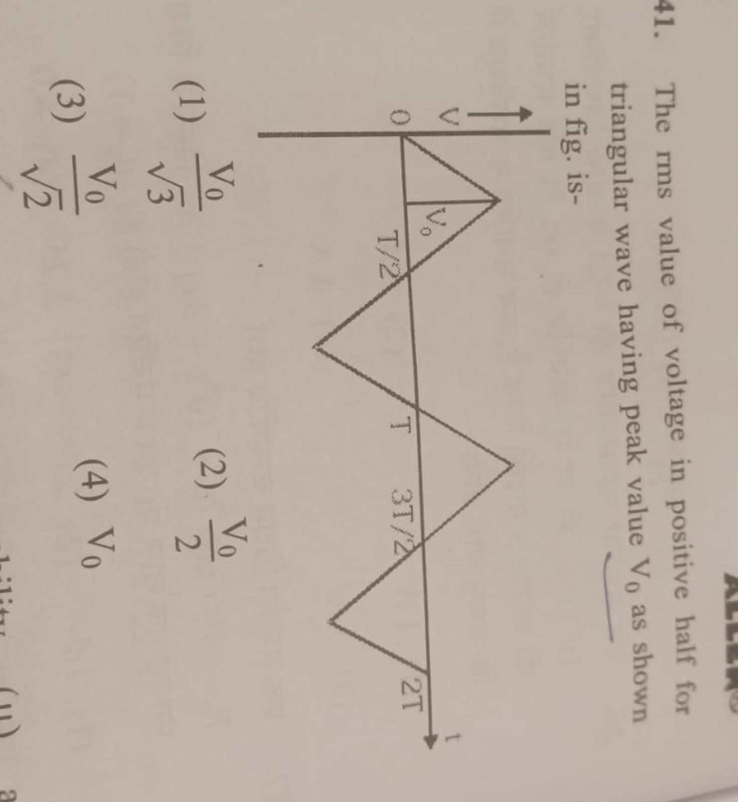 The rms value of voltage in positive half for triangular wave having p