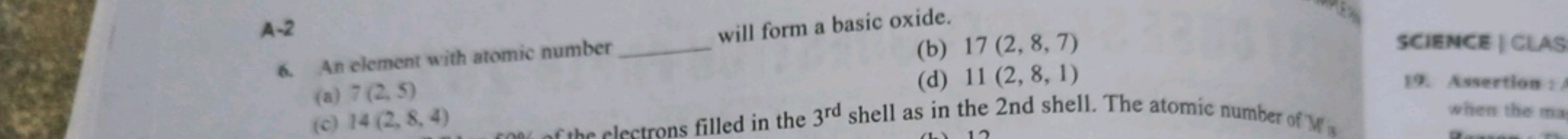 A -2 will form a basic oxide.
6. An element with atomic number
(b) 17(