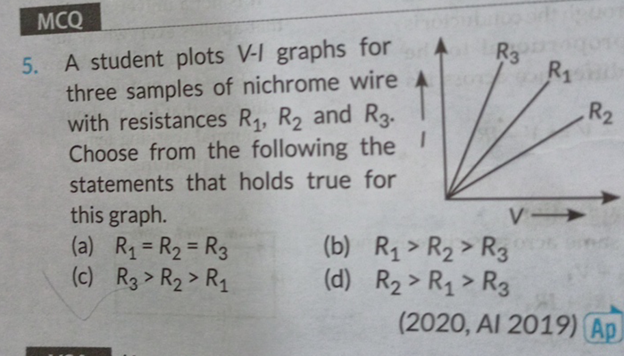 MCQ 5. A student plots V−I graphs for three samples of nichrome wire w