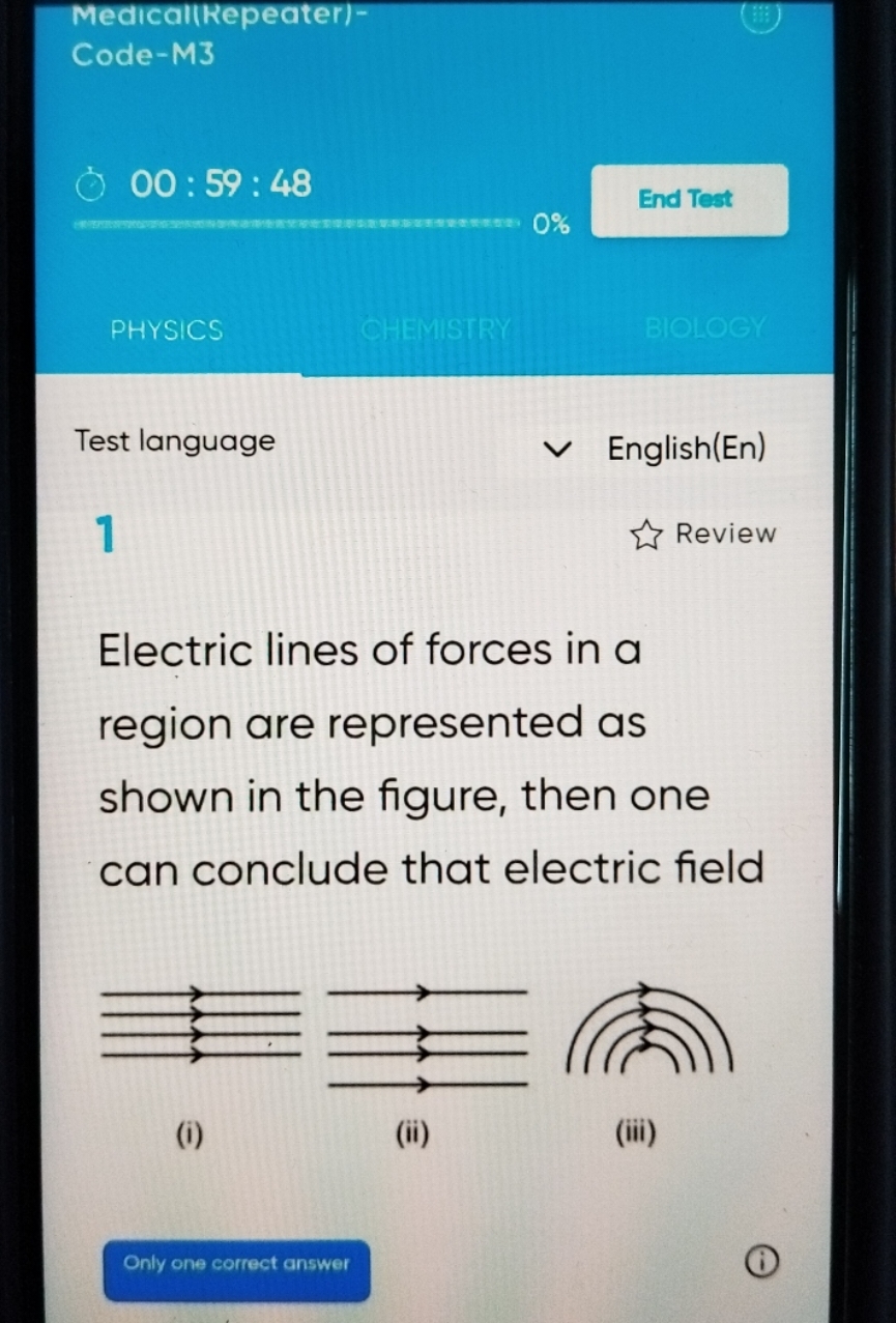 Medical(Repeater)-
Code-M3
00:59:48
End Test
PHYSICS
Test language
Eng