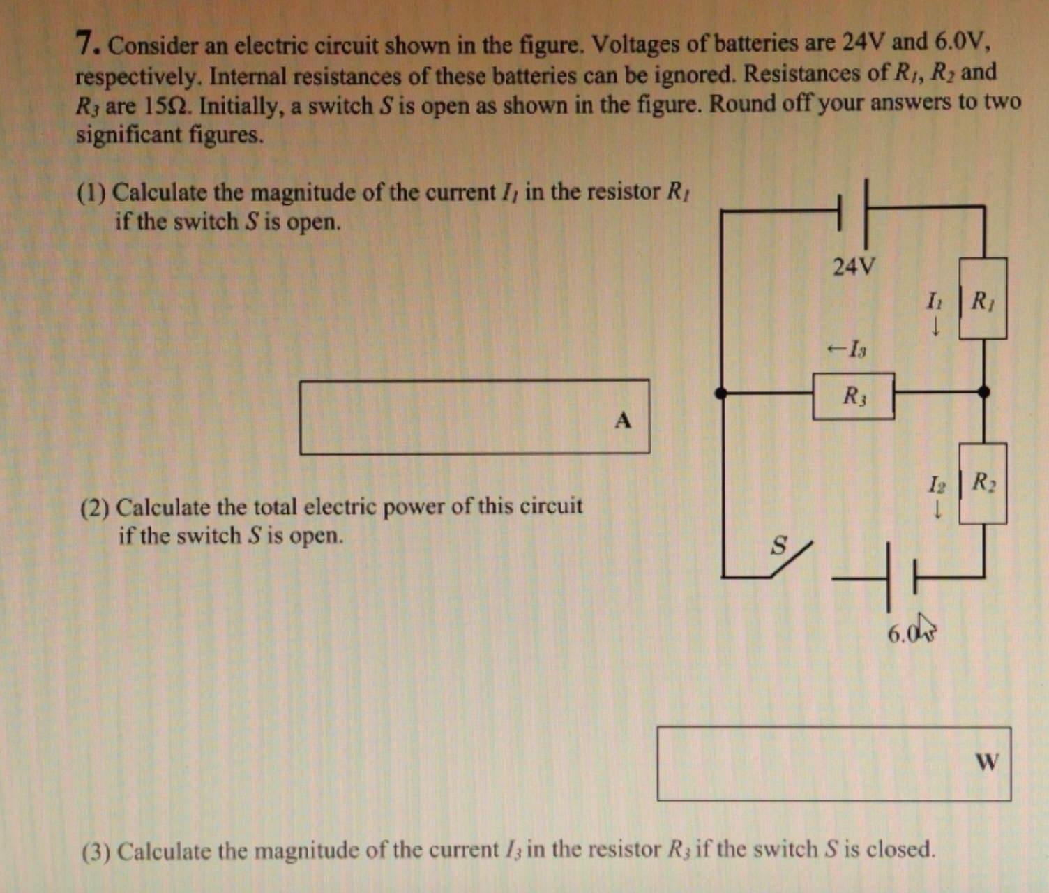 7. Consider an electric circuit shown in the figure. Voltages of batte