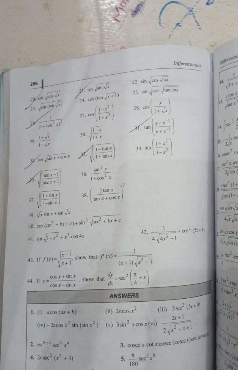 Differentiation
296
21. sinsinx​​
22. sincosax​​
29. cotcosx​​
23. sin