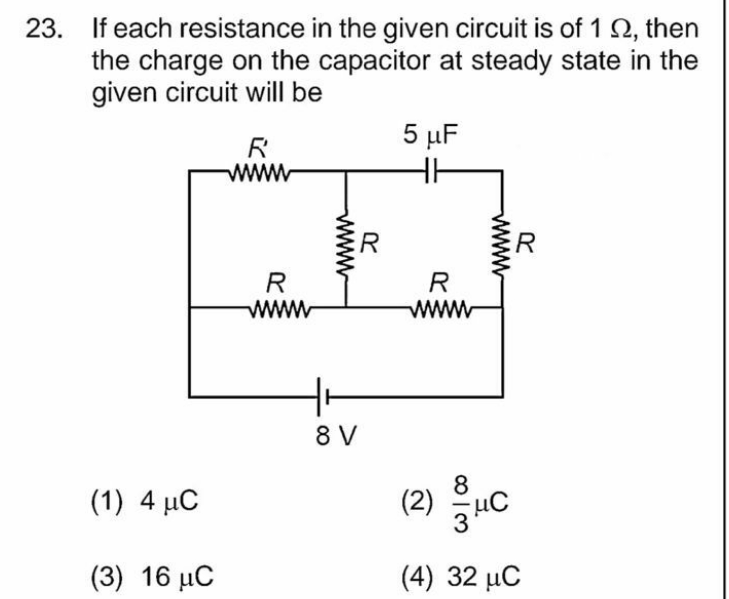 If each resistance in the given circuit is of 1Ω, then the charge on t