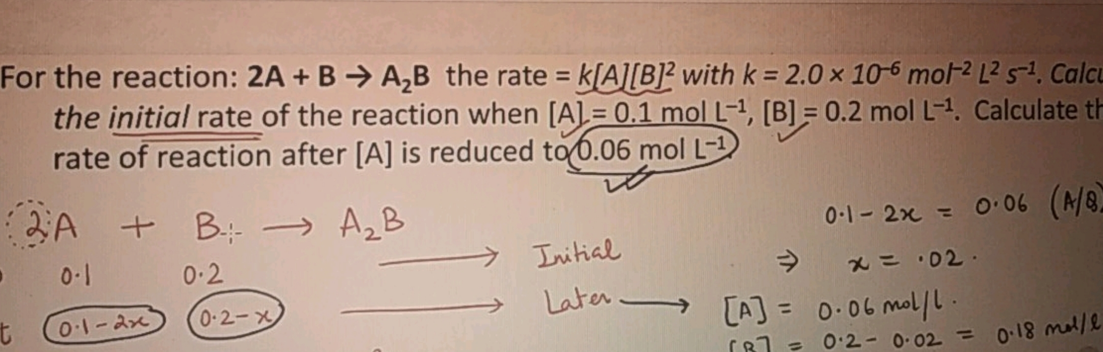 For the reaction: 2A+B→A2​B the rate =k[A][B]2 with k=2.0×10−6 mol−2L2