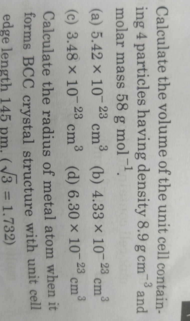 Calculate the volume of the unit cell containing 4 particles having de