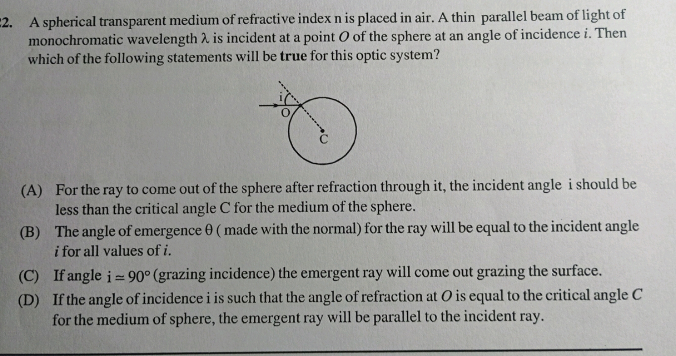 A spherical transparent medium of refractive index n is placed in air.