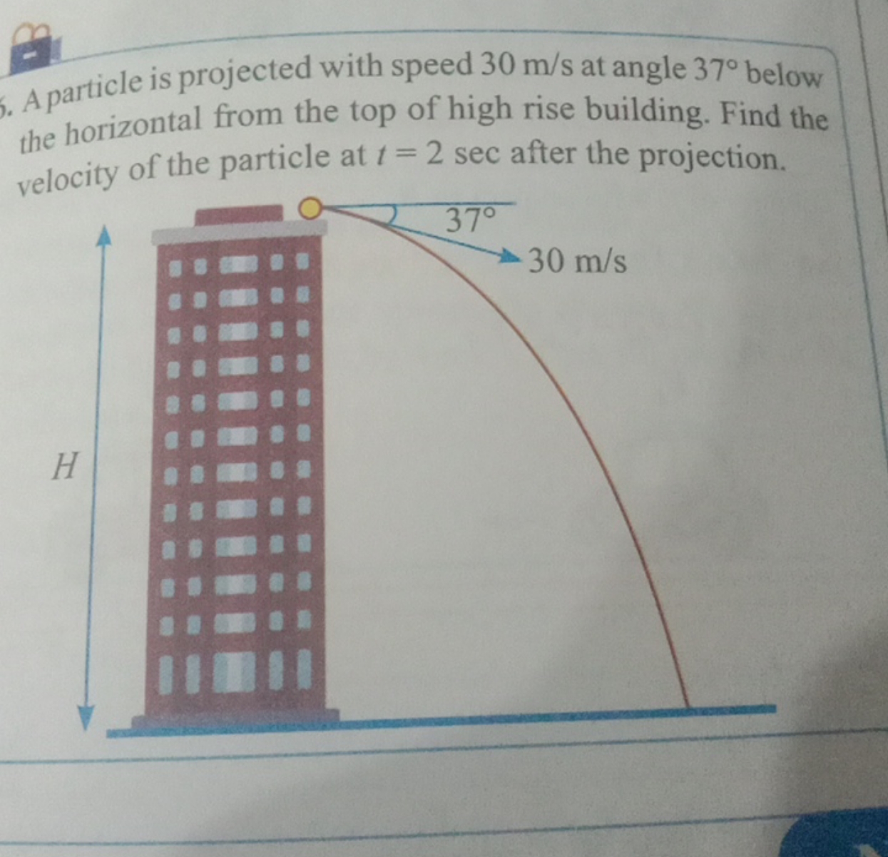 5. A particle is projected with speed 30 m/s at angle 37∘ below the ho