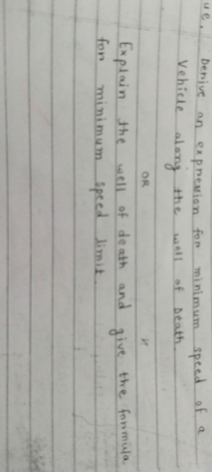 We. Derive an expression for minimum speed of a Vehicle along the well