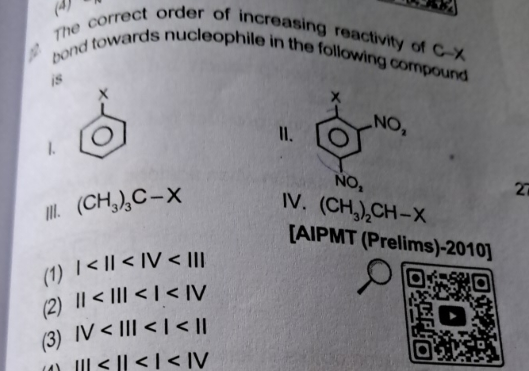 The correct order of increasing reactivity of C−x pond towards nucleop