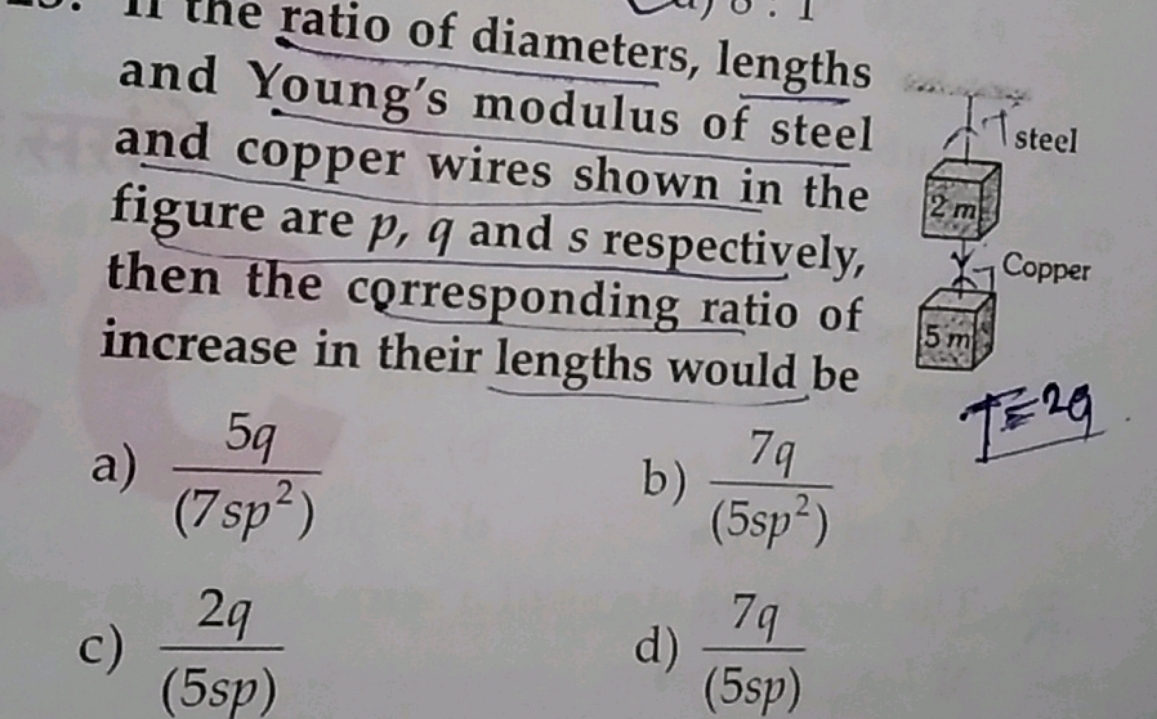 ratio of diameters, lengths and Young's modulus of steel and copper wi