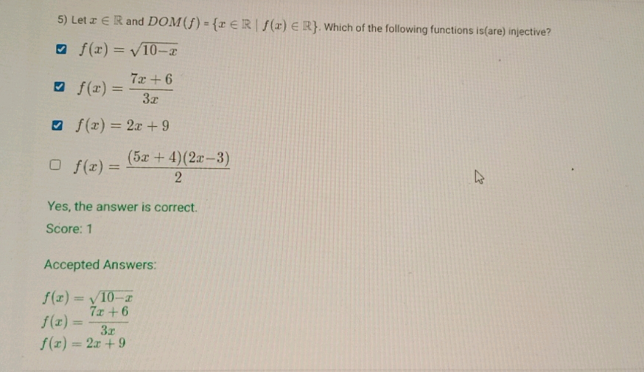 5) Let x∈R and DOM(f)={x∈R∣f(x)∈R}. Which of the following functions i