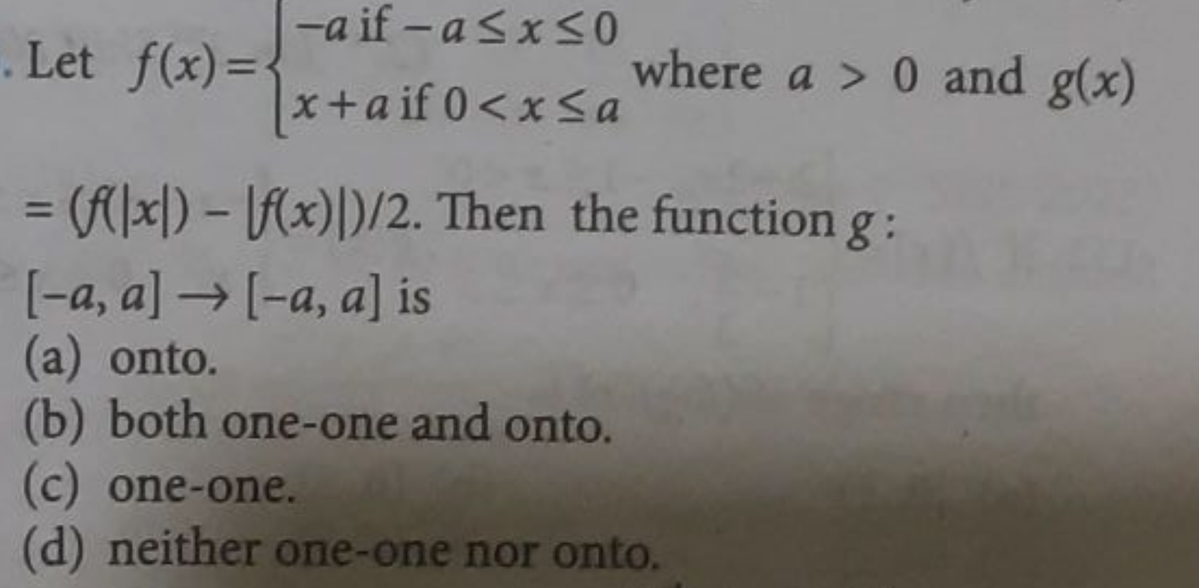 Let f(x)={−a if −a≤x≤0x+a if 0<x≤a​ where a>0 and g(x) =(f(∣x∣)−∣f(x)∣