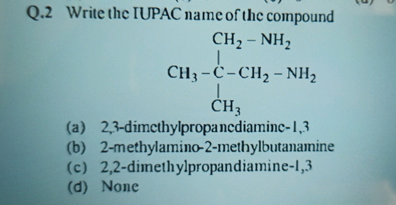 Q.2 Write the IUPAC name of the compound CC(C)(CN)CN