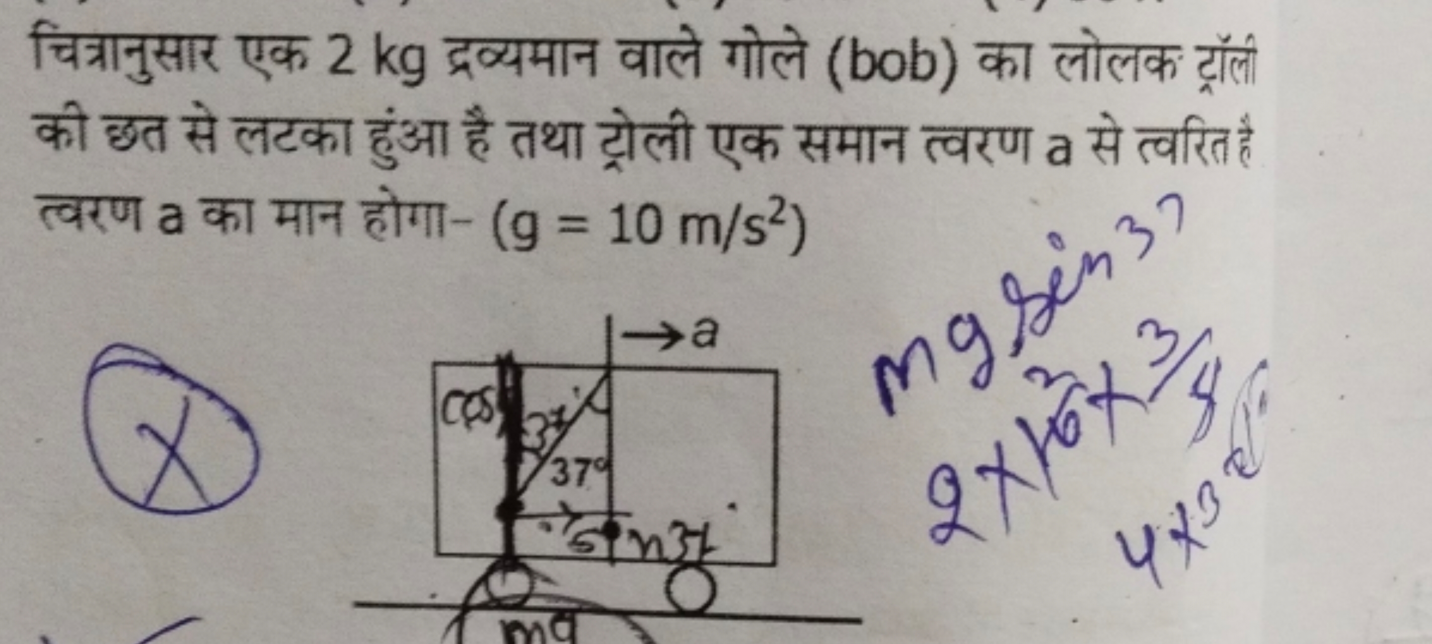 चित्रानुसार एक 2 kg द्रव्यमान वाले गोले (bob) का लोलक ट्रॉली की छत से 