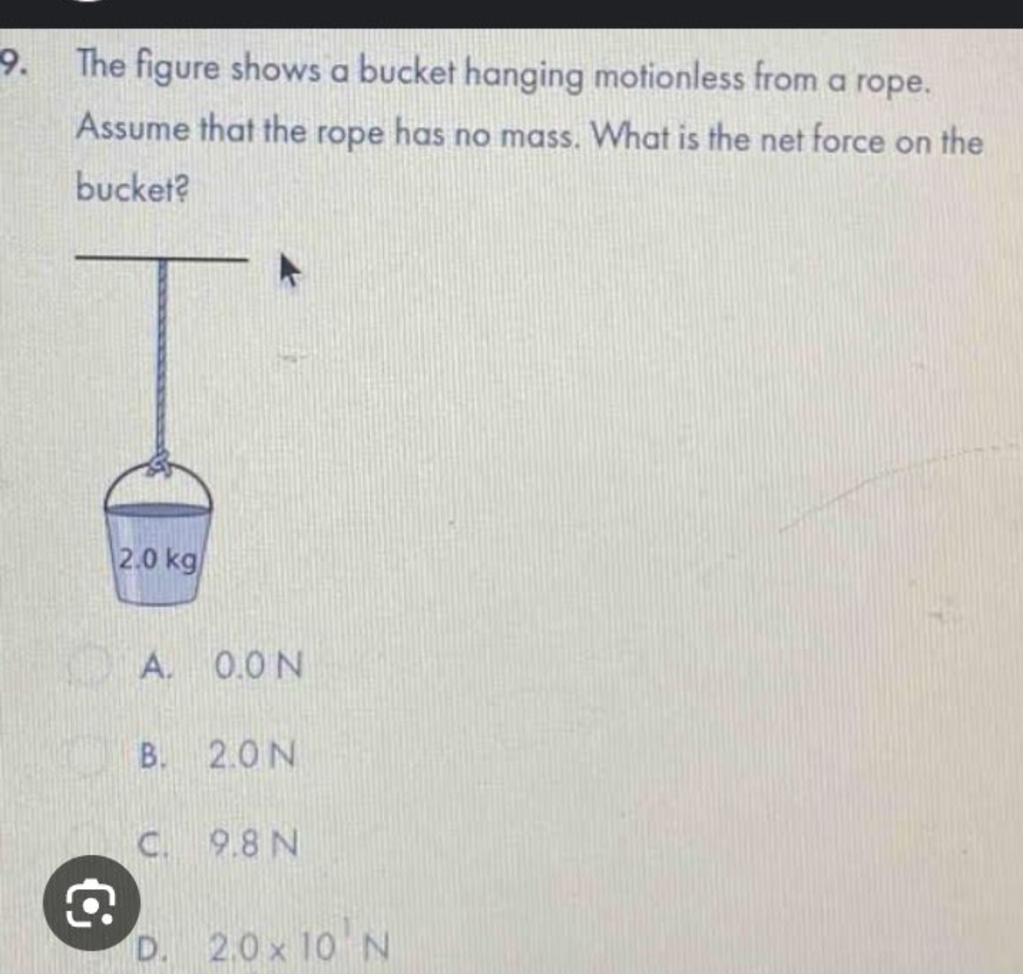 The figure shows a bucket hanging motionless from a rope. Assume that 