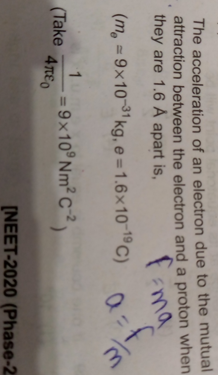 The acceleration of an electron due to the mutual attraction between t