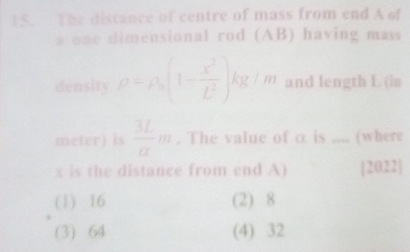 The distance of centre of mass from end A of density ρ=ρ0​(1−L2x2​)kg/