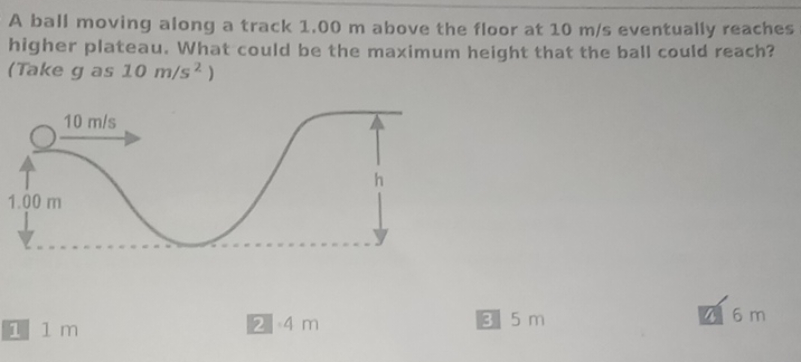 A ball moving along a track 1.00 m above the floor at 10 m/s eventuall