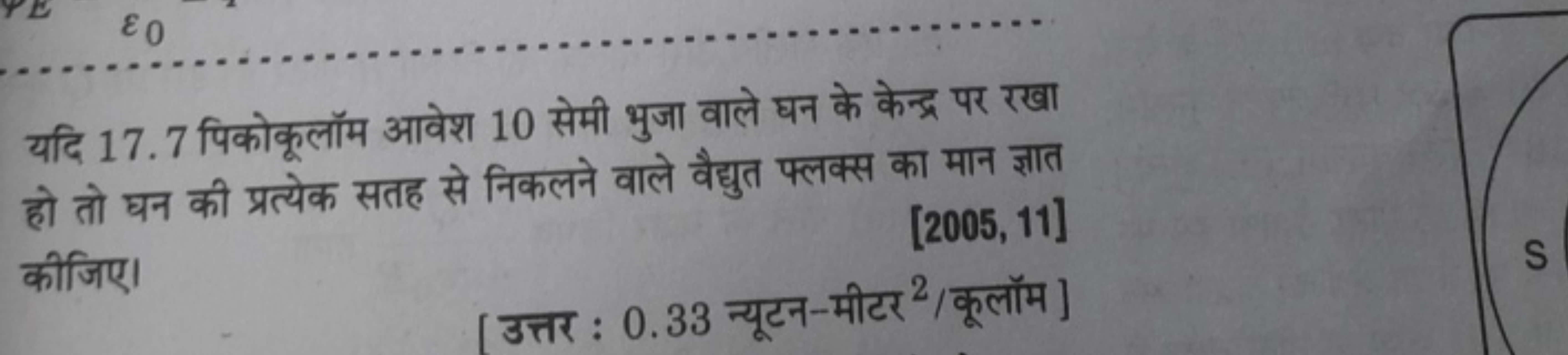 यदि 17.7 पिकोकूलॉम आवेश 10 सेमी भुजा वाले घन के केन्द्र पर रखा हो तो घ