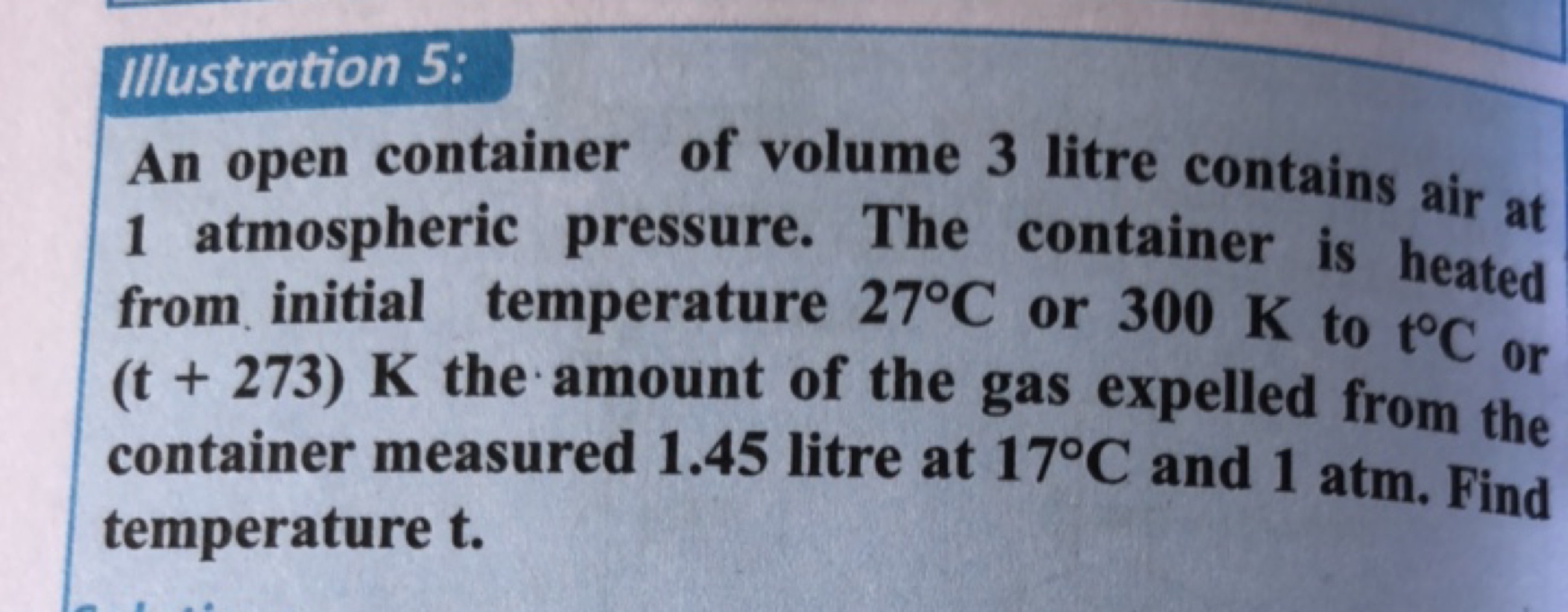 Illustration 5:
An open container of volume 3 litre contains air at 1 