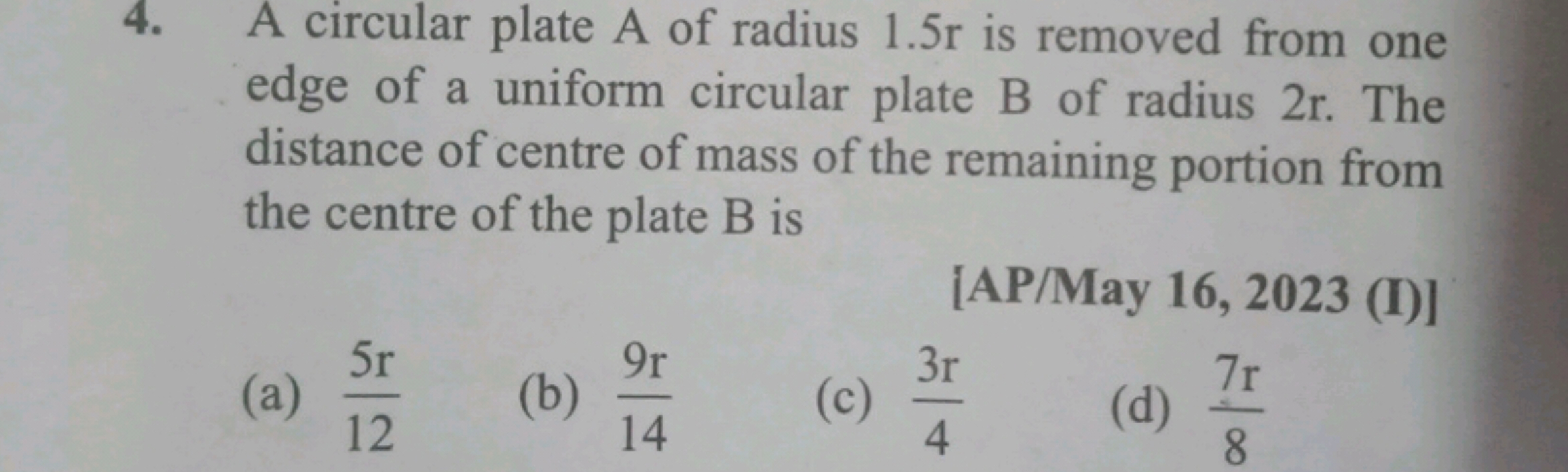 A circular plate A of radius 1.5r is removed from one edge of a unifor