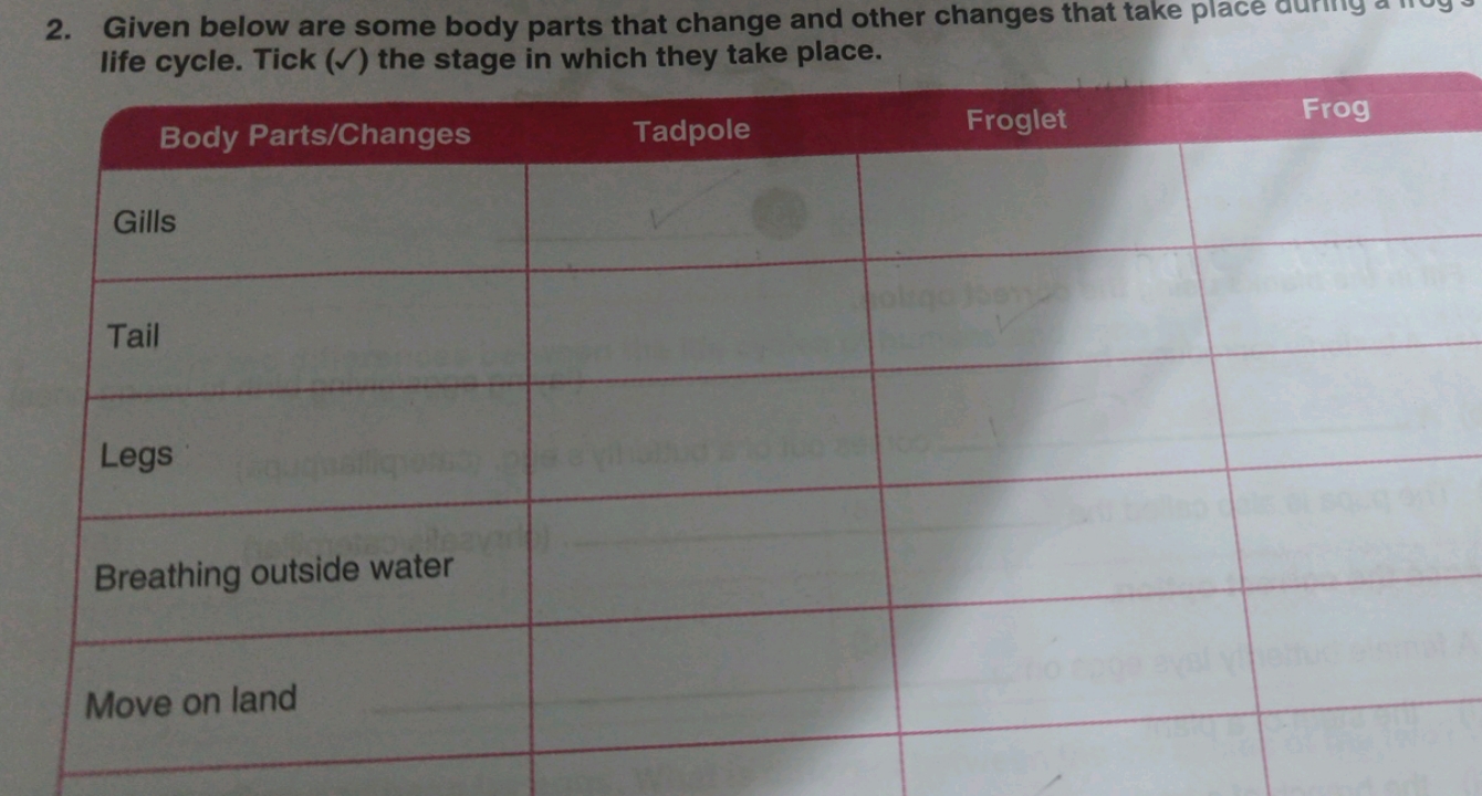 life cycle. Tick (✓) the stage in which they take place.
Body Parts/Ch