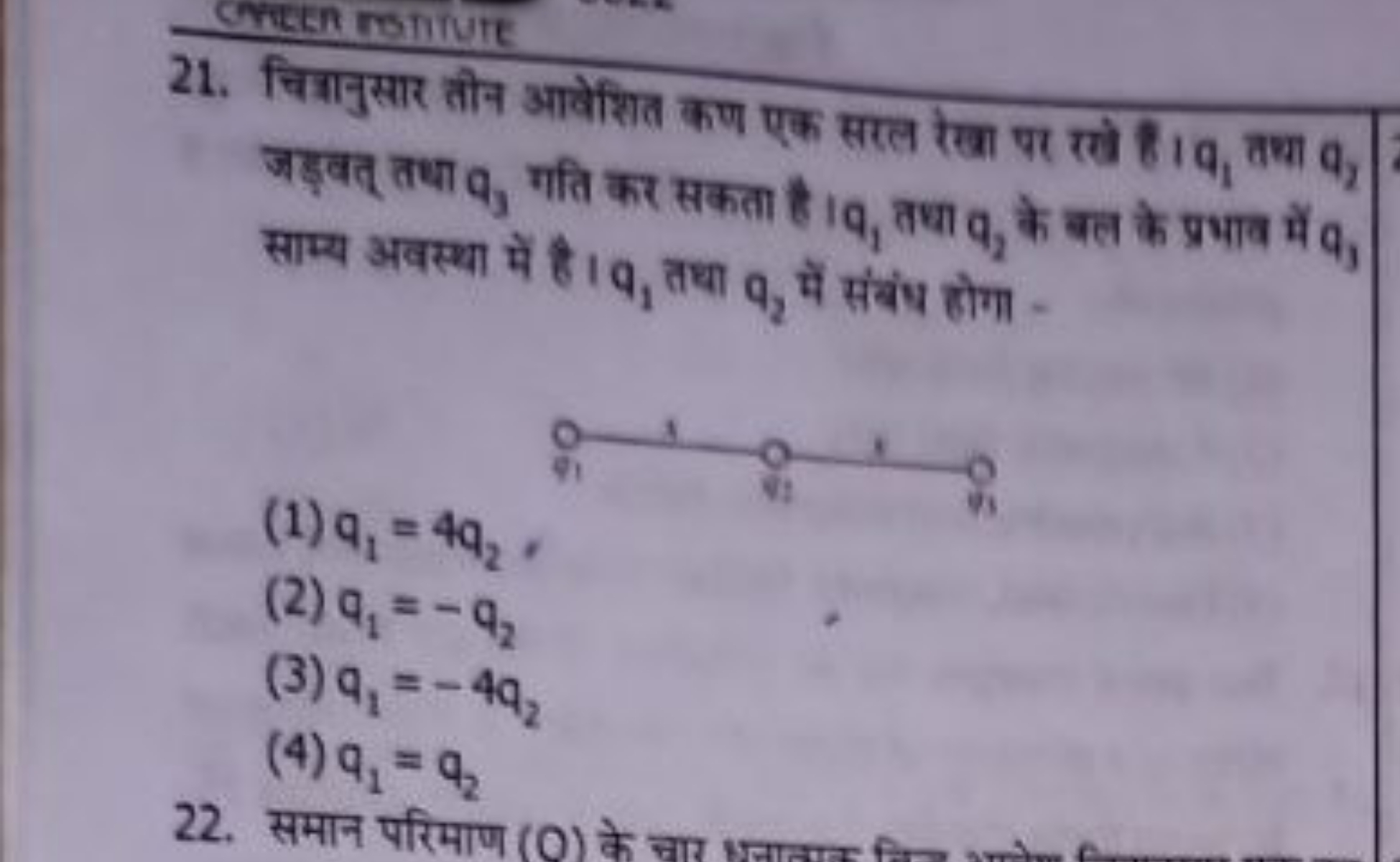 21. चित्रानुसार तौन आवेशित कण एक सरल रेखा पर रखे है। q1​ तथा q2​ जड़वत