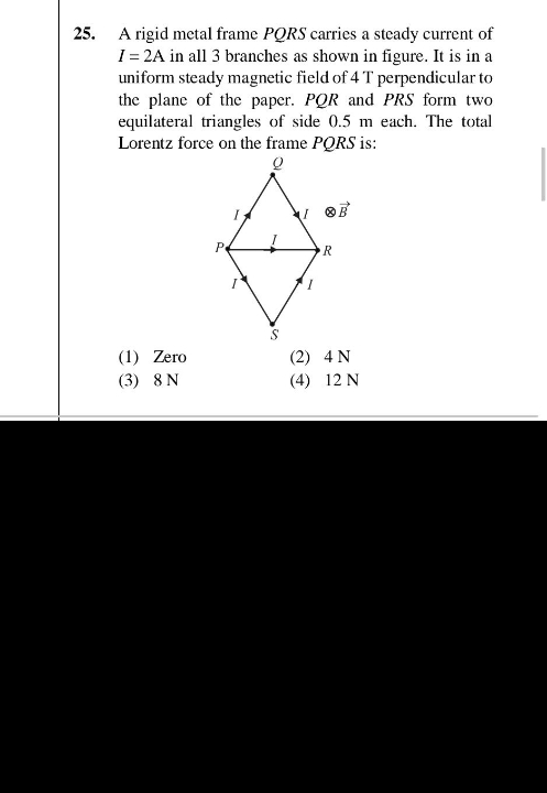 A rigid metal frame PQRS carries a steady current of I=2 A in all 3 br