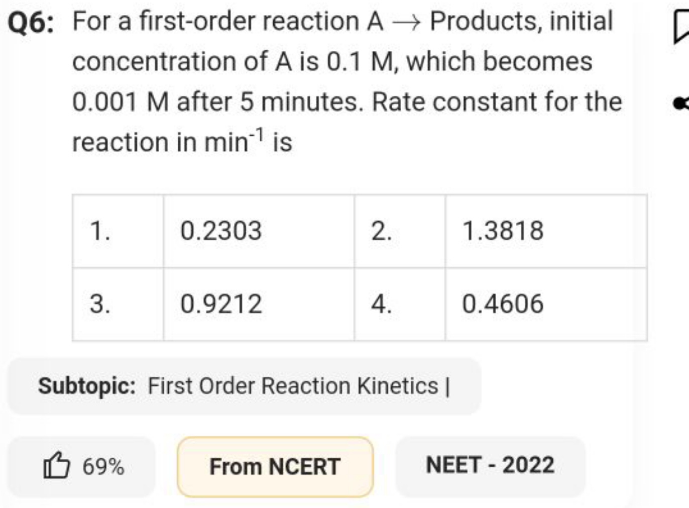 Q6: For a first-order reaction A→ Products, initial concentration of A