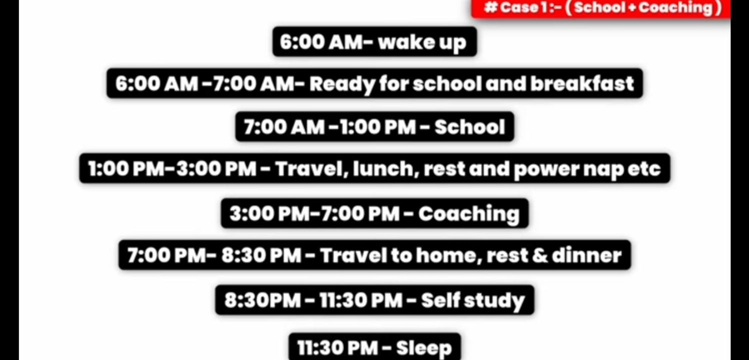 \# Case 1-- (School + Coaching)
6:00 AM-wake up
6:00 AM-7:00 AM- Ready