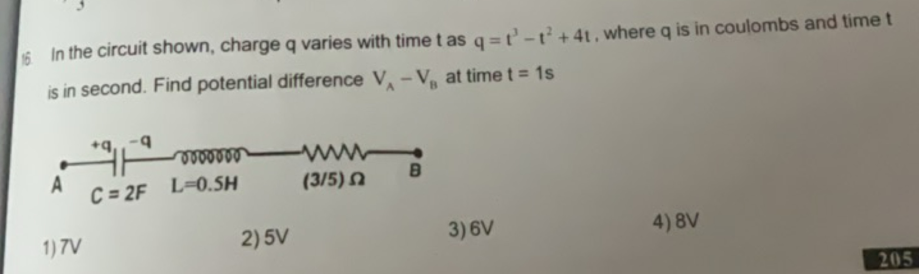 In the circuit shown, charge q varies with time t as q=t3−t2+4t, where