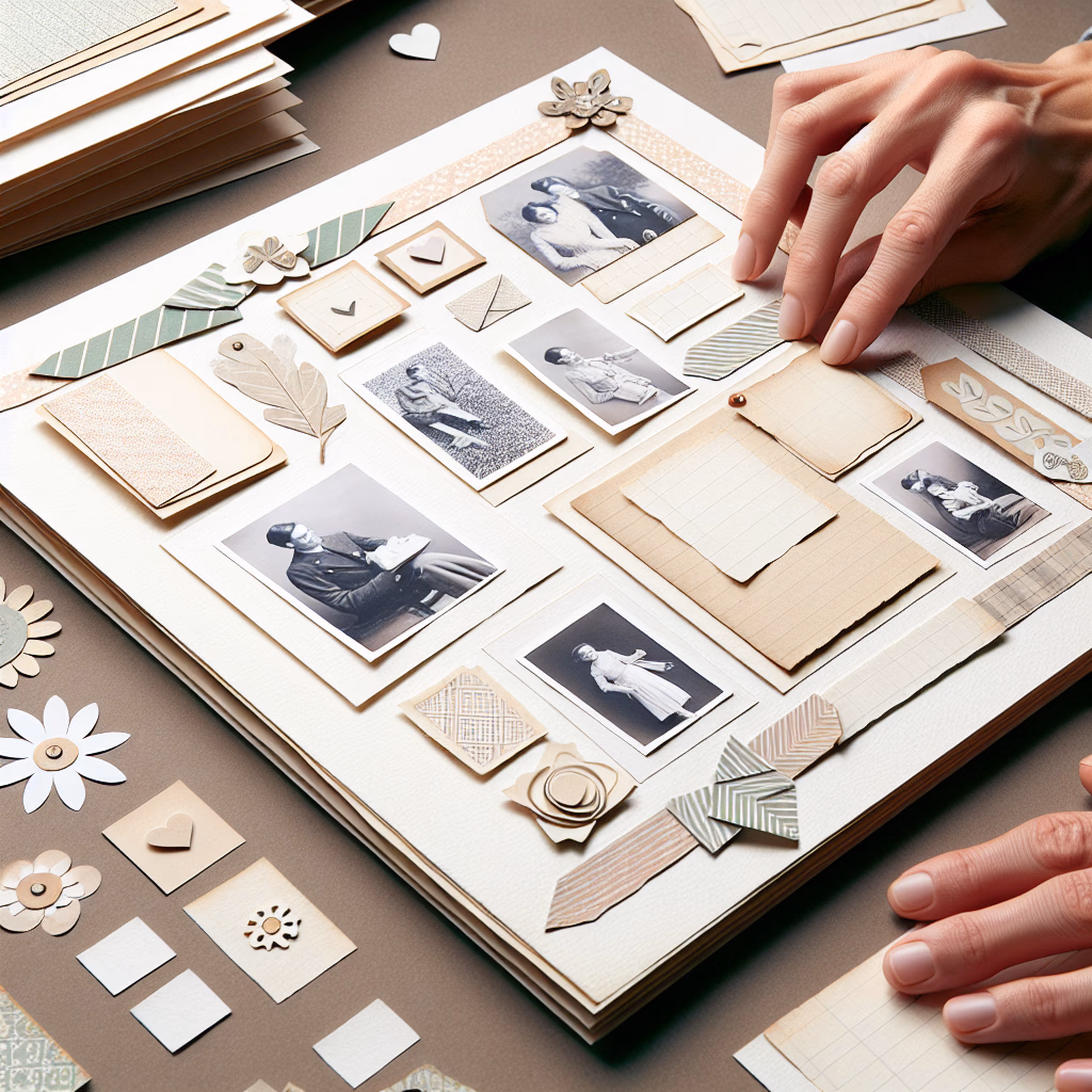 hands arranging a scrapbook page