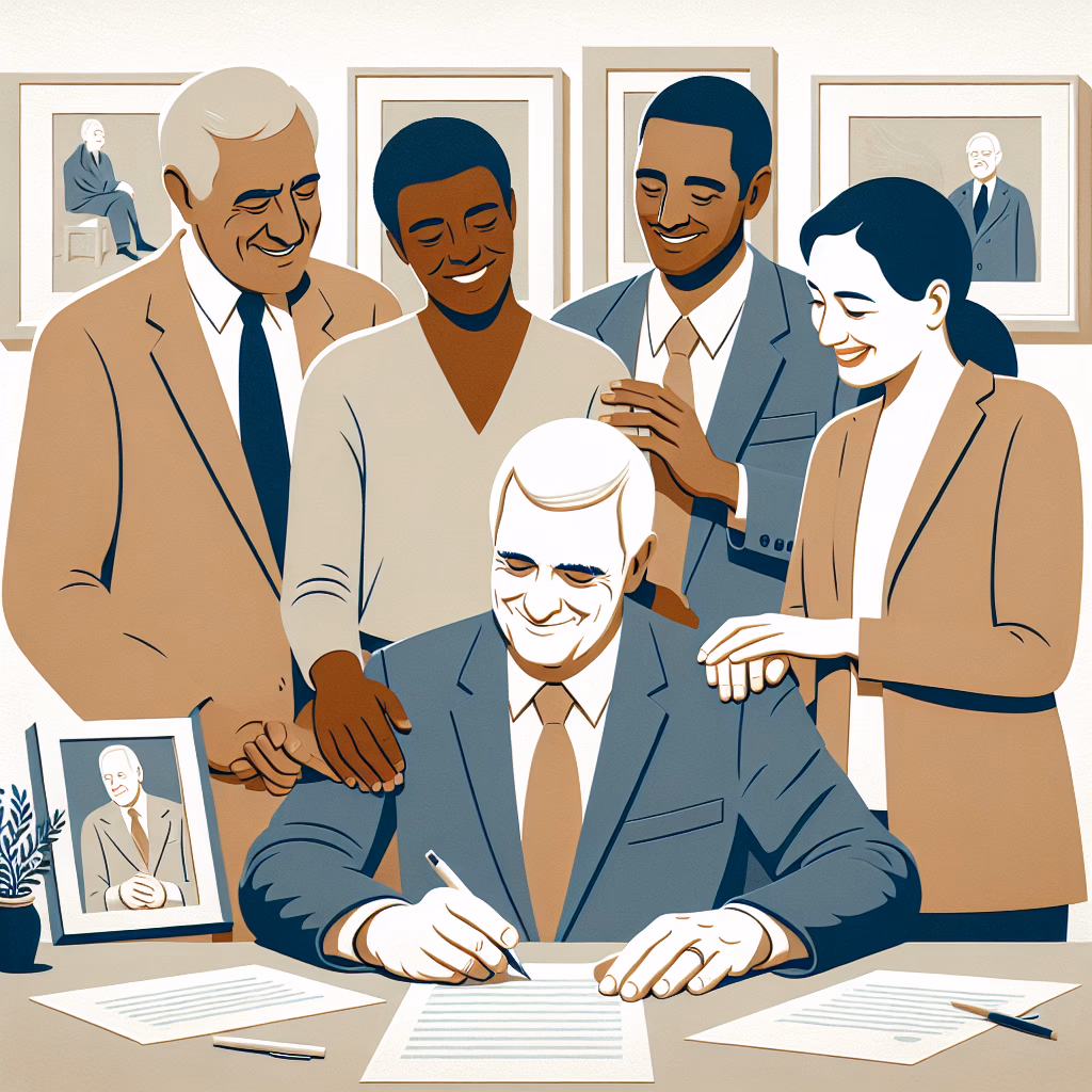 mediator and family smiling as they look at signed papers
