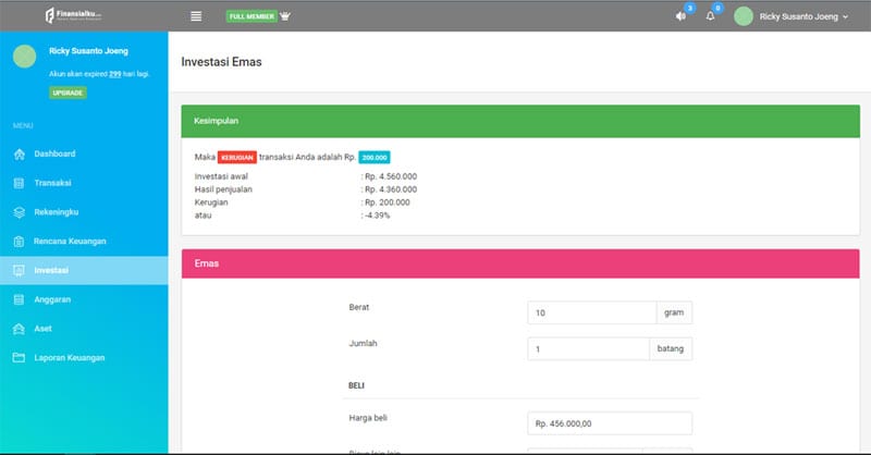 Cara Menghitung Keuntungan Investasi Emas Dengan Aplikasi Finansialku 04 - Finansialku