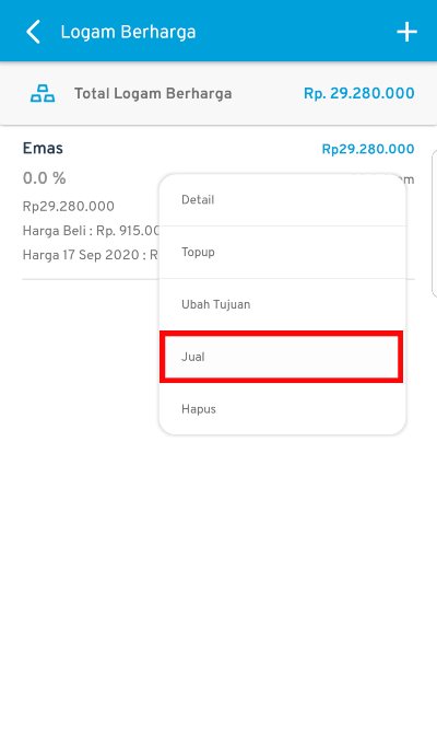 Pilihan opsi pada data investasi emas yang akan dijual aplikasi finansialku