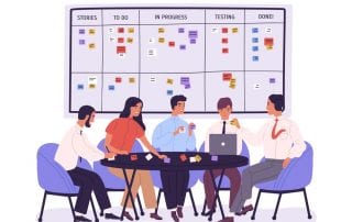 Group of people or office workers sitting around table and discussing work issues against SCRUM task board with sticky notes. Team working under project. Vector illustration in flat cartoon style.