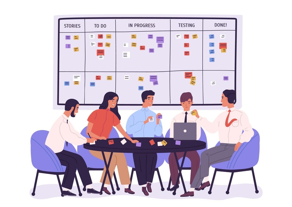 Group of people or office workers sitting around table and discussing work issues against SCRUM task board with sticky notes. Team working under project. Vector illustration in flat cartoon style.