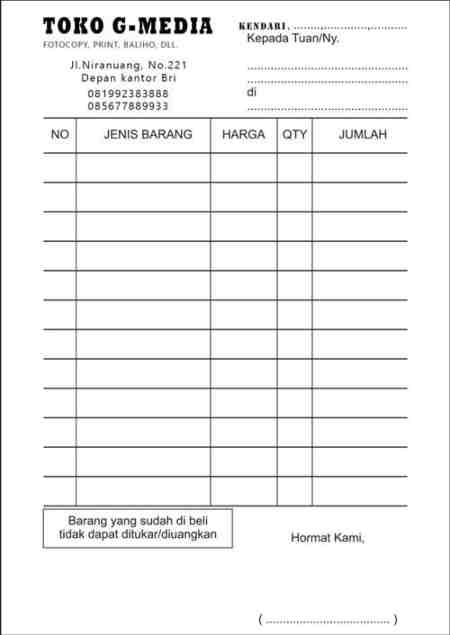 format nota kontan excel