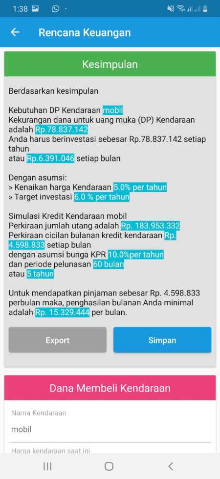 Hitungan Dana Membeli Kendaraan di aplikasi Finansialku