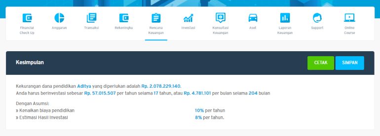 Hasil Perhitungan Dana Pendidikan Melalui Aplikasi Finansialku Desktop