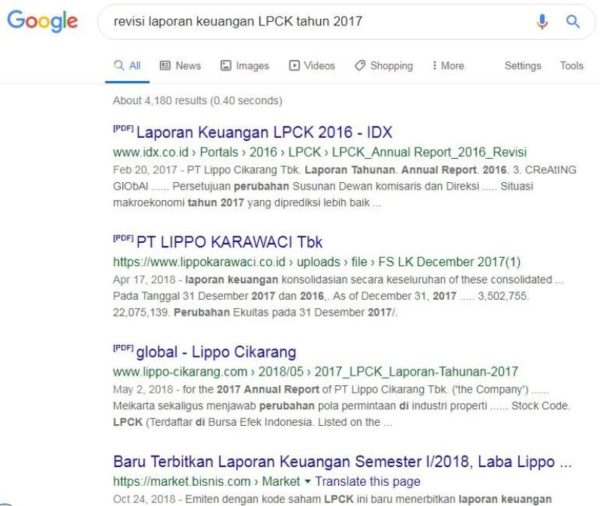 Dengan keyword LPCK revisi Laporan Keuangan 2017, tidak ada berita klarifikasi apapun 2