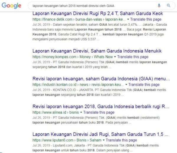 Dengan keyword GIAA revisi Laporan Keuangan 2018, beritanya ada di mana-mana 2