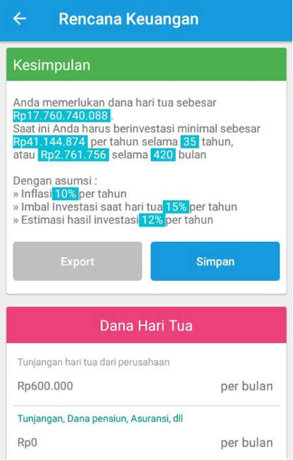 Hasil perhitungan dana pensiun menggunakan Aplikasi Finansialku