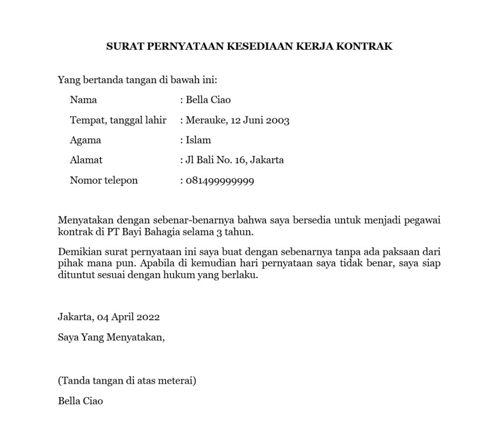 Surat Pernyataan Kerja