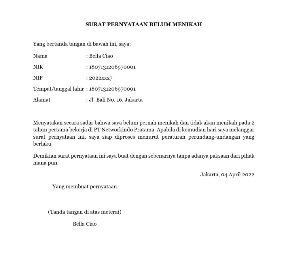 Surat Pernyataan Belum Menikah