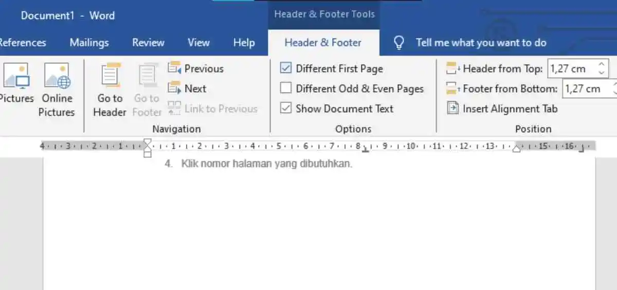 cara membuat halaman di Word 2_Mencentang Different First Page