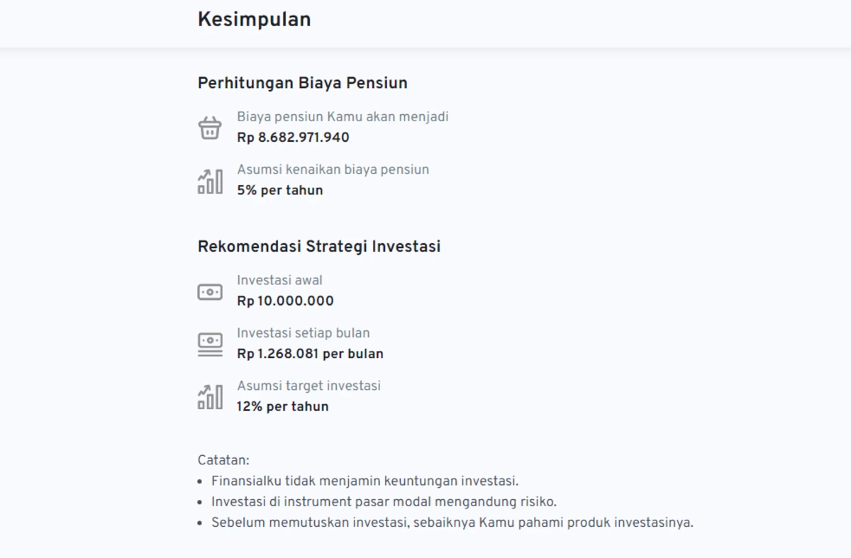 2 Hasil perhitungan dana pensiun dengan Kalkulator Dana Pensiun Finansialku