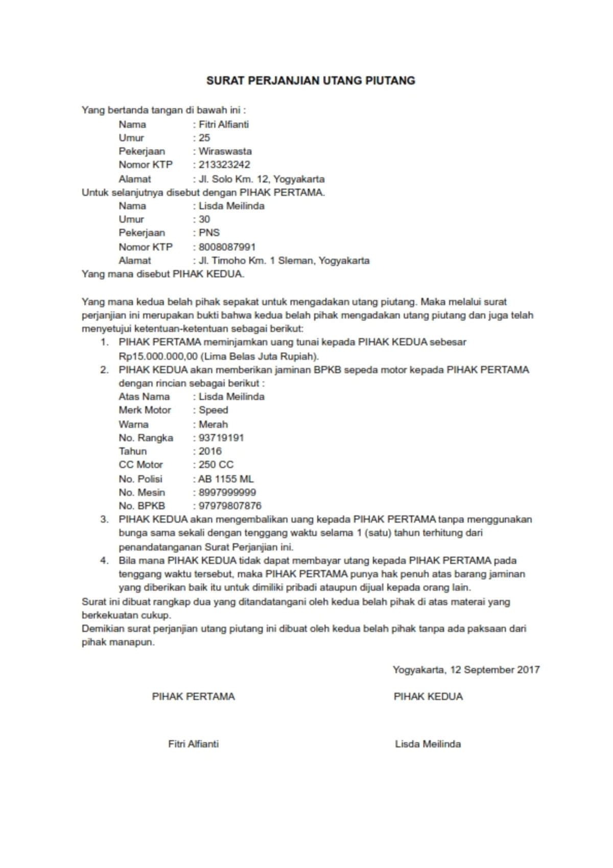 SURAT PERJANJIAN UTANG PIUTANG