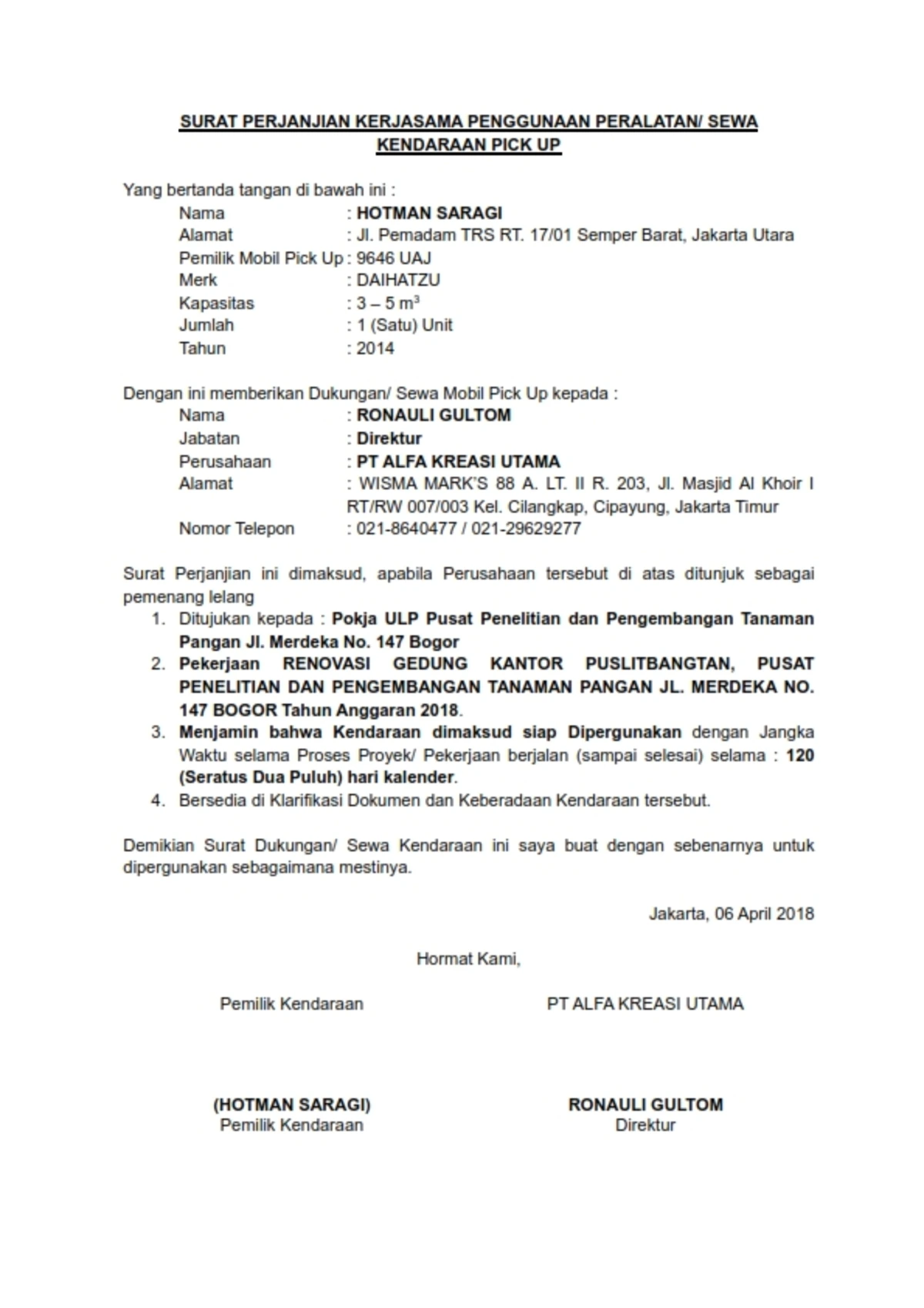 SURAT PERJANJIAN SEWA MOBIL