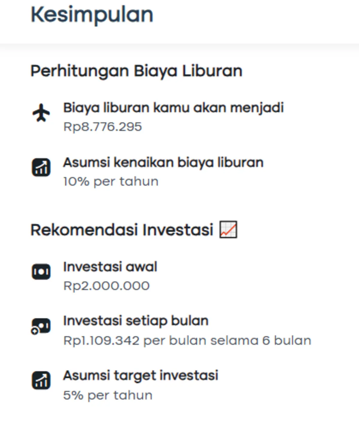 Hasil simulasi kalkulator dana liburan Finansialku